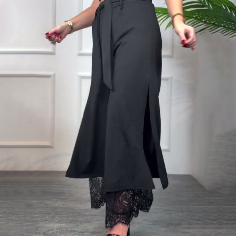 ALICJAN - Zwiewne spodnie z szerokimi nogawkami i koronką